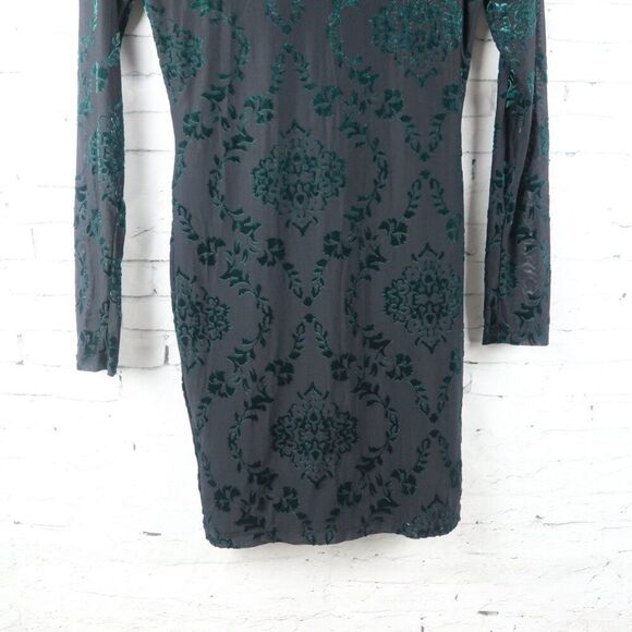 IRIS BLACK & TEAL VELVET BURNOUT FLORAL LONG SLEEVE HIGH NECK DRESS SIZE MEDIUM - Picture 9 of 11